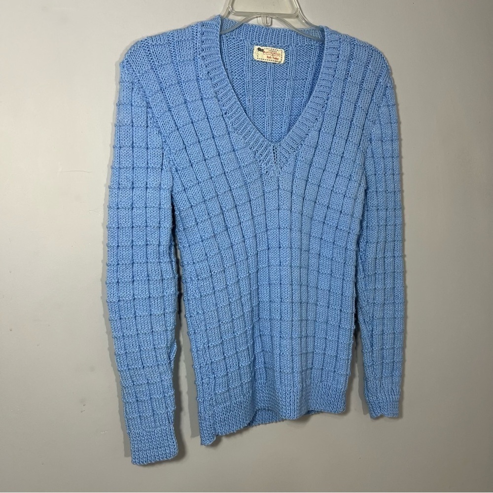 Vintage baby blue v-neck hand knit sweater textured stretchy acrylic top retro - Picture 9 of 13